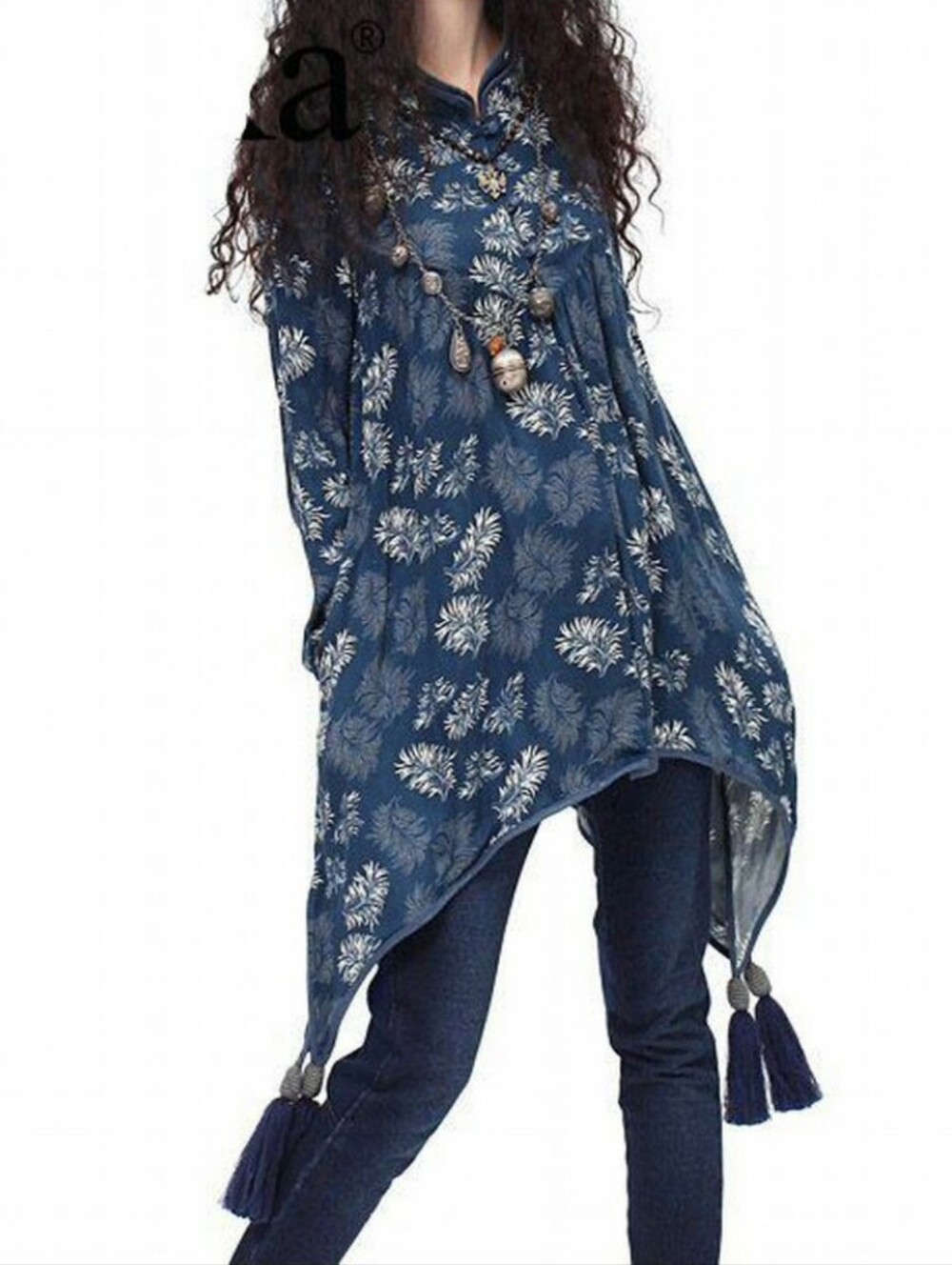 Artka ethnic blue white floral viscose blouse with tassels US Sz XS-S